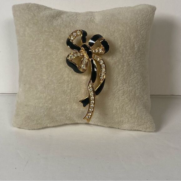 Vintage Bow Brooch Gold Tone W/Black Enamel and Rhinestones - Picture 1 of 7